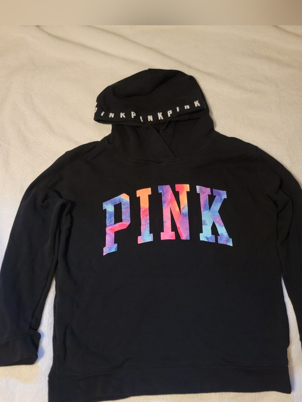 Victoria's Secret PINK Hoodie Black With Watercolor Print Logo Across Chest